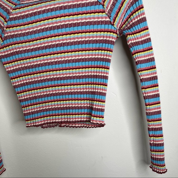Free People Retro Mirror Blue Striped Mock Neck Ribbed Long Sleeve Crop Top Sz S - Picture 10 of 16